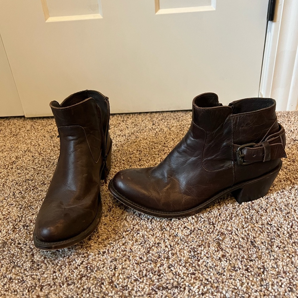 J.B. Dillon Brown Ankle Boots with Distressed Leather and Buckle Detail